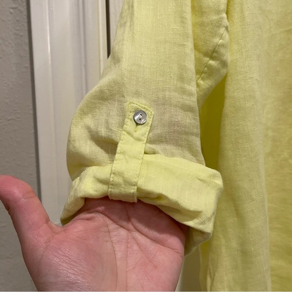 Sigrid Olsen Pop Over Blouse Women’s L Linen Yellow Rolled Sleeves Shirt Tunic - Picture 4 of 11
